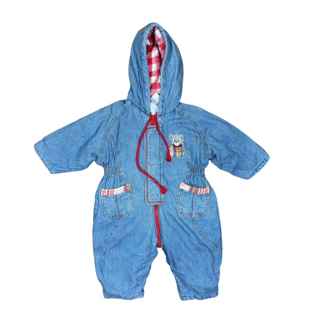 Vintage Baby Club Denim Hooded Snowsuit Blue Teddy‎ Bear Plaid Lined Kids